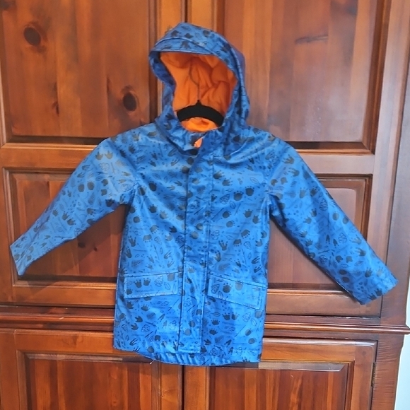 Cat & Jack Other - Blue Kids Rain Jacket with Orange Lining, Dinosaur Pattern, 4T
